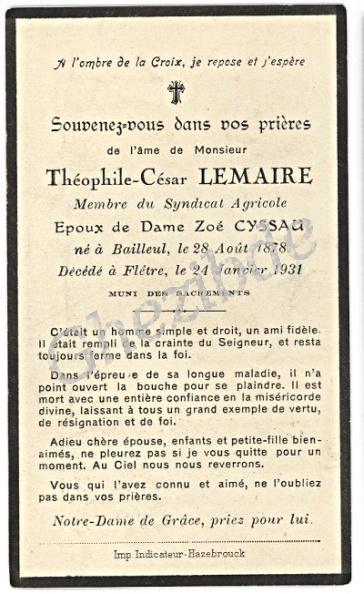 Théophie César Lemaire époux de Dame Zoé Cyssau, décédé à Flêtre, le 24 Janvier 1931. Lemaire Theophie Cesar epoux Cyssau.jpg