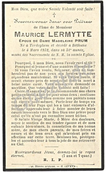 Maurice Lermytte époux de Dame Madeleine Prum, décédé à Béthune, le 4 Mars 1932 (31ème année). Lermytte Maurice epoux Prum.jpg