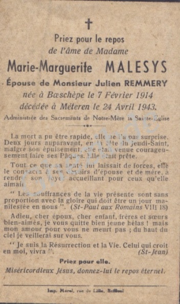 Malesys Marie Marguerite  epouse Remmery
