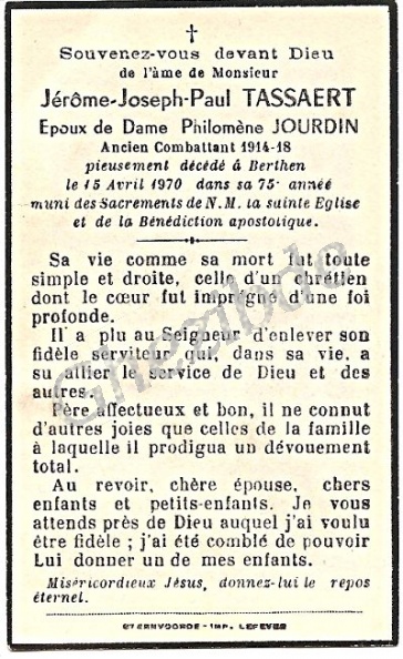 Jérôme Joseph Paul TASSAERT époux de Dame Philomène JOURDIN, décédé à Berthen, le 15 Avril 1970 (74 ans). Tassaert Jerome Joseph Paul epoux Jourdin.jpg