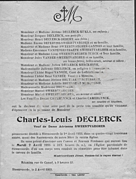 Declerck Charles Louis veuf Sweertvaegher