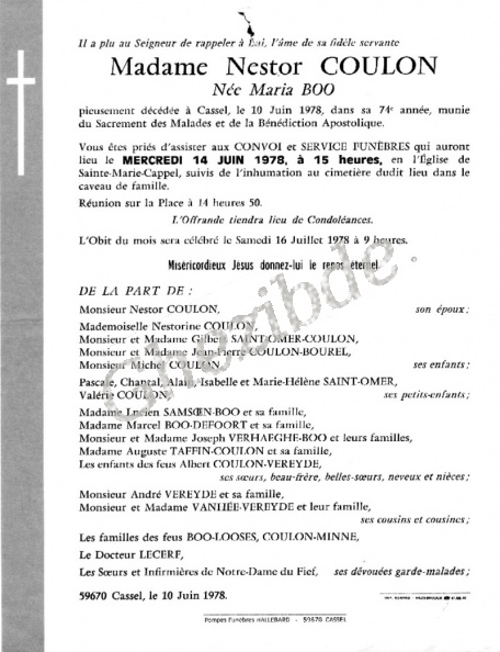 Maria Boo épouse Nestor Coulon, décédée à Cassel, le 10 Juin 1978 (73 ans). Boo Maria veuve Coulon.jpg