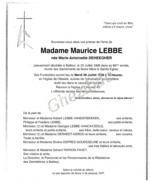 Deheegher Marie-Antoinette veuve Lebbe