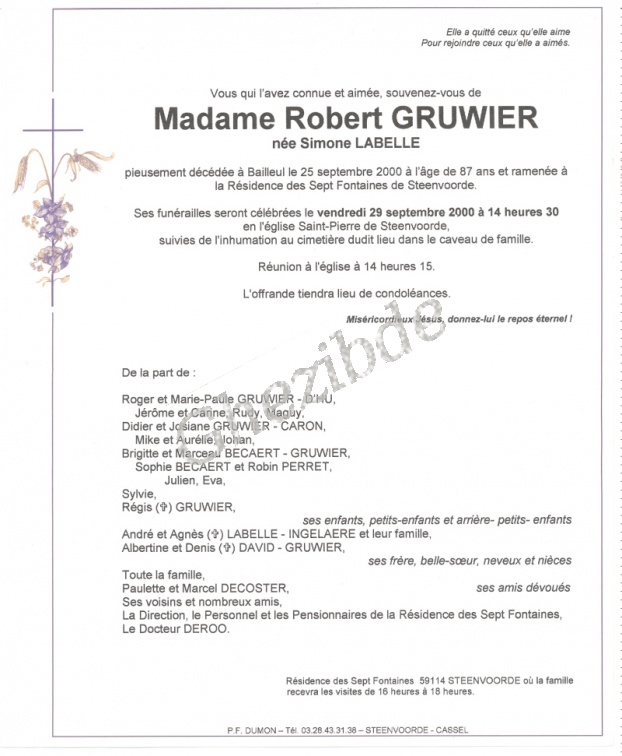 Labelle Simone veuve Gruwier