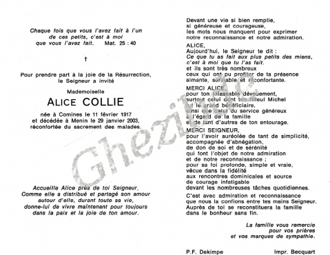 Alice COLLIE, décédée à Menin, le 29 janvier 2003 (86 ans). COLLIE Alice image.jpg
