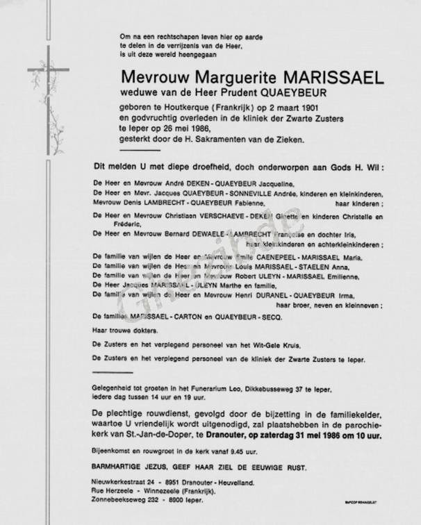 MARISSAEL Marguerite weduwe QUAEYBEUR