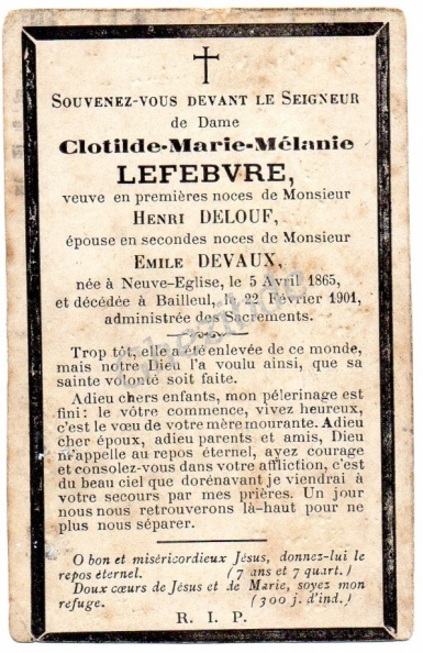LEFEBVRE Clotilde Marie Mélanie veuve DELOUF épouse DEVAUX