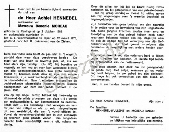 Achiel HENNEBEL weduwnaar van Benonie MOREAU, overleden te Ieper, op 12/03/1976 (91 jaar). Hennebel Achiel.jpg