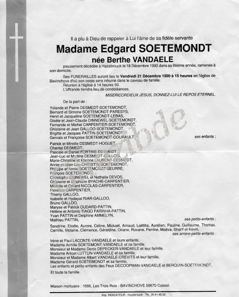 VANDAELE Berthe veuve SOETEMONDT Edgard
