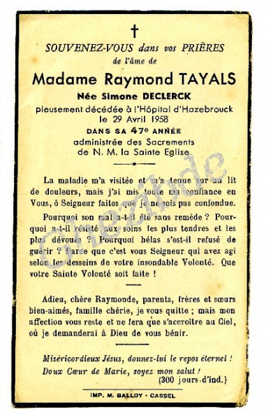 DECLERCK Simone épouse TAYALS Raymond