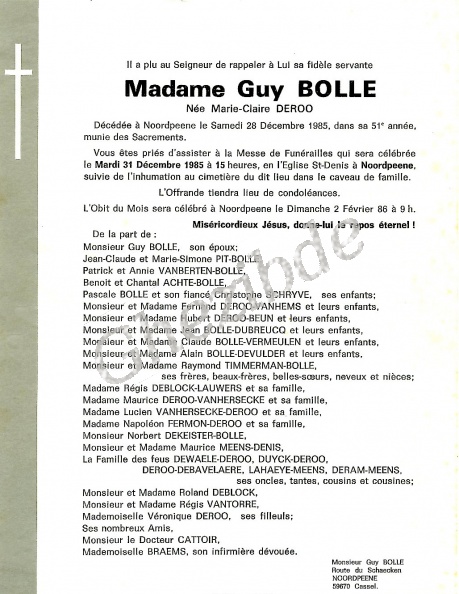 DEROO Marie Claire épouse BOLLE Guy