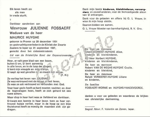 Julienne FOSSAERT weduwe van Maurice HUYGHE, overleden te Ieper, op 21 september 1987 (86 jaar). Fossaert Julienne veuve Huyghe.jpg