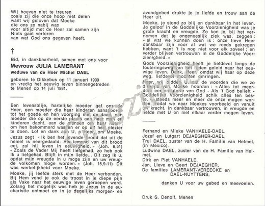 Julia LAMERANT weduwe van Michel DAEL, overleden te Menen, op 14 juli 1981 (72 jaar). LAMERANT Julia veuve DAEL.jpg
