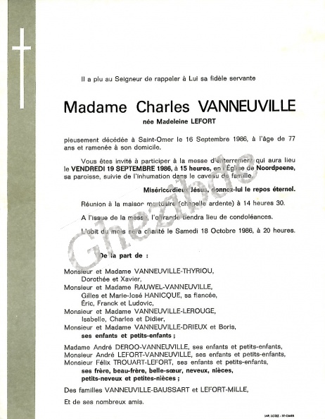 LEFORT Madeleine veuve VANNEUVILLE
