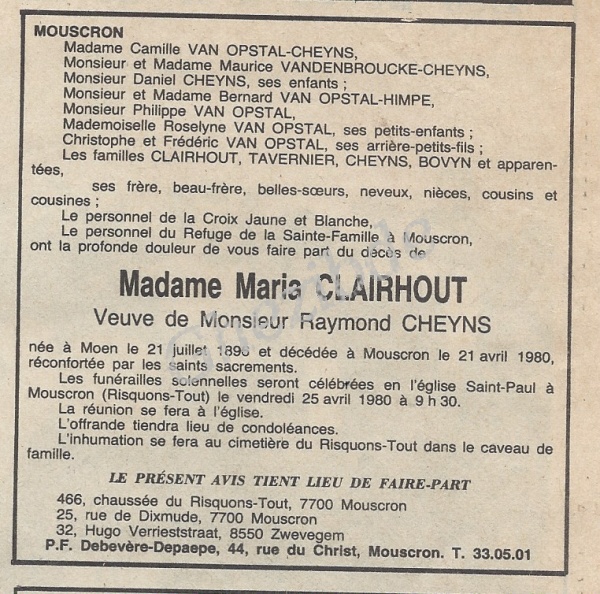 Marie CLAIRHOUT veuve de Raymond CHEYNS, décédée à Mouscron, le 21 avril 1980 (83 ans). clairhout maria.jpg