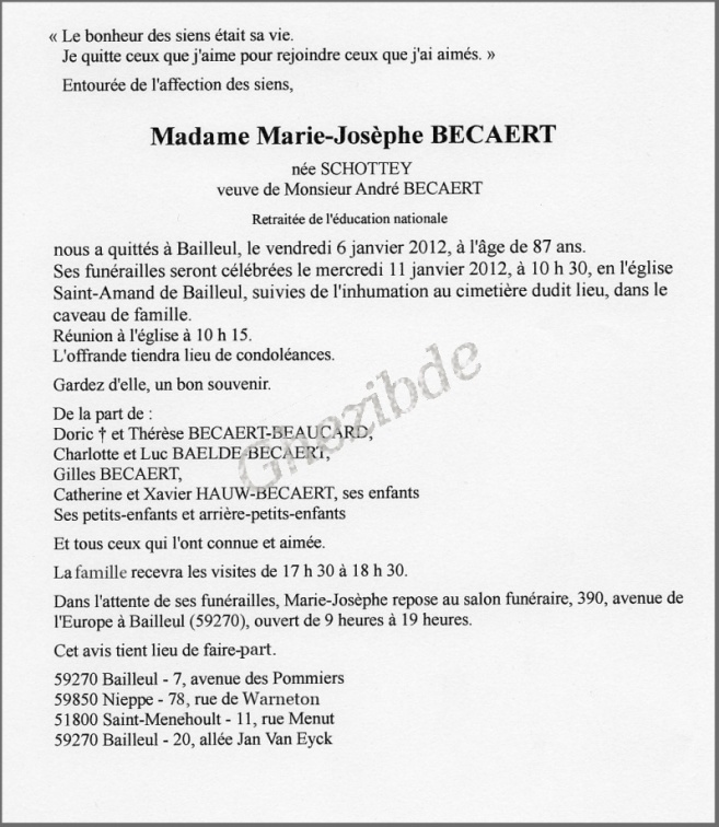 SCHOTTEY Marie-Josephe veuve BECAERT