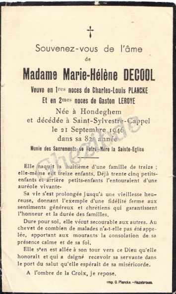 DECOOL Marie-Hélène veuve PLANCKE veuve LEROYE