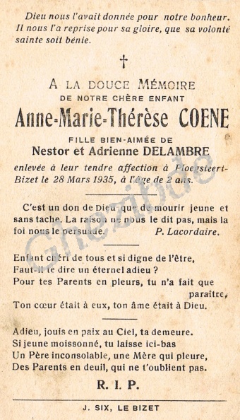 COENE Anne Marie Thérèse fille de Nestor x DELAMBRE