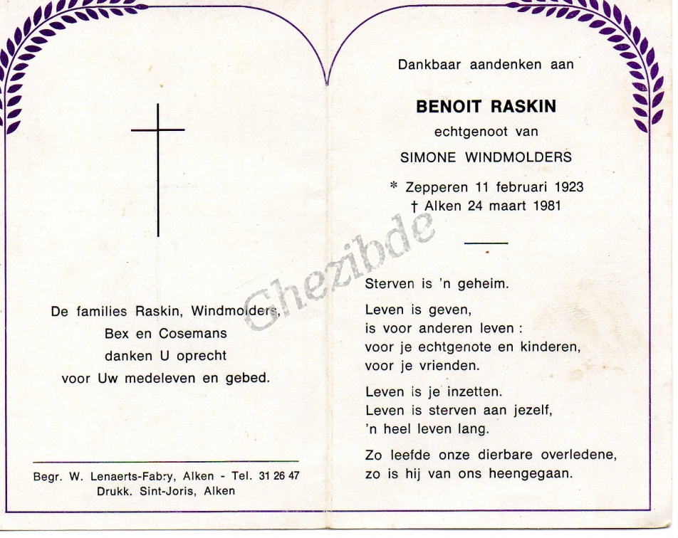 Benoit RASKIN ux Simone WINDMOLDERS o 11-02-1923 a Zepperen et + 24-03-1981 a Alken