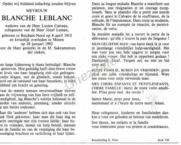 Blanche LEBLANC veuve de Henri CATTEAU ux Jozef LEMAN o 08-04-1913 a Roubaix (F) et + 23-01-1992 a Menen