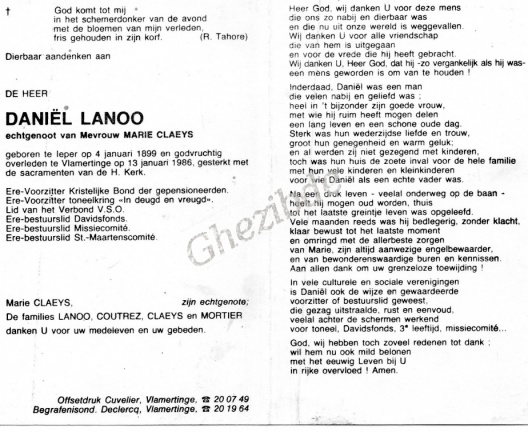 Daniel LANOO ux Marie CLAEYS o 04-01-1899 a Ieper et + 13-01-1986 a Vlamertinge