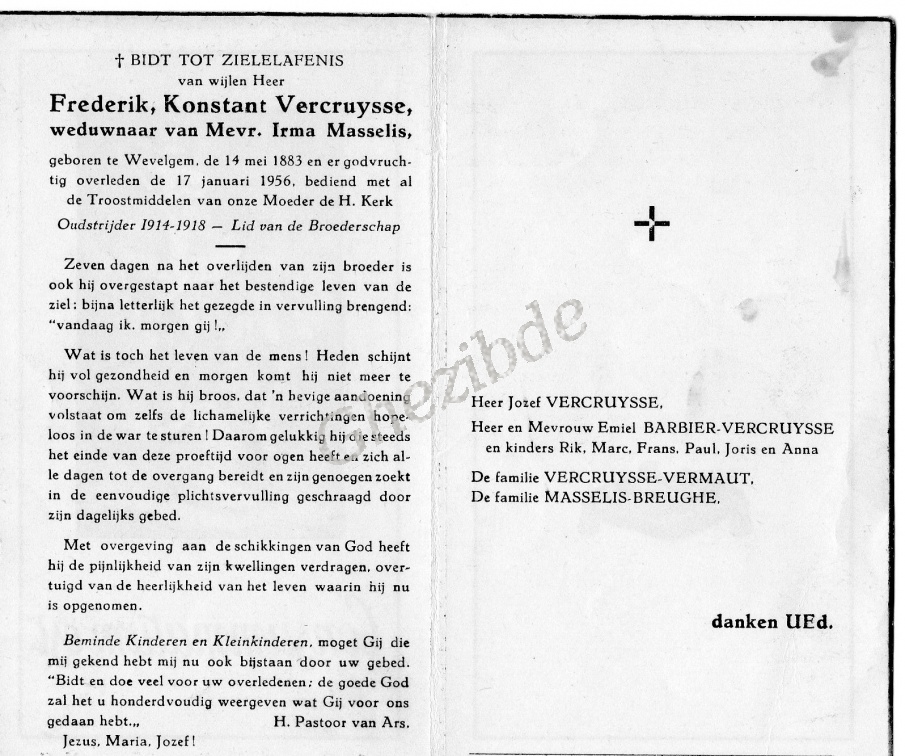 Frederik Konstant VERCRUYSSE veuf de Irma MASSELIS o 14-05-1883 a Wevelgem et + 17-01-1956 a Wevelgem