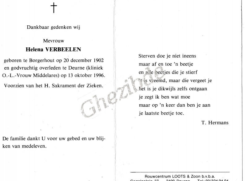Helena VERBEELEN o 20-12-1902 a Borgerhout et + 13-10-1996 a Deurne