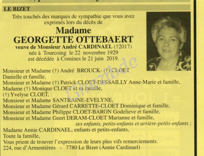 OTTEBAERT Georgette veuve CARDINAEL